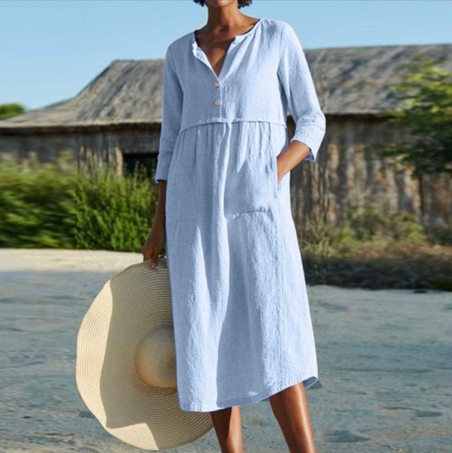 Hubecwheels Spring Summer Women's New Casual Cotton Round Neck Button Pocket Cotton Linen Mid Sleeve Solid Color Dress