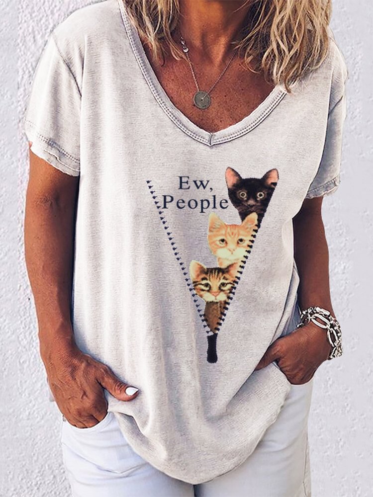 Cute Cat Print V neck Curved hem Short Sleeve Casual T shirt for Women P1795528
