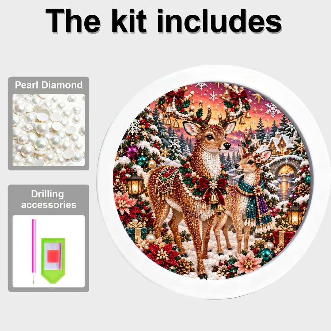 Framed 5D Diamond Painting Kit Holiday Deer Round 7.87x7.87in