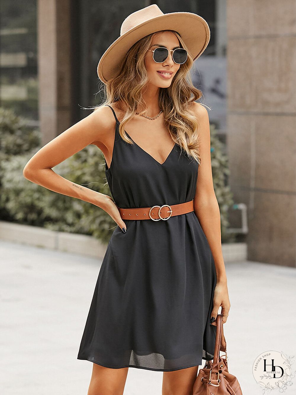 Solid Off The Shoulder Strap Sleeveless Chiffon Dress