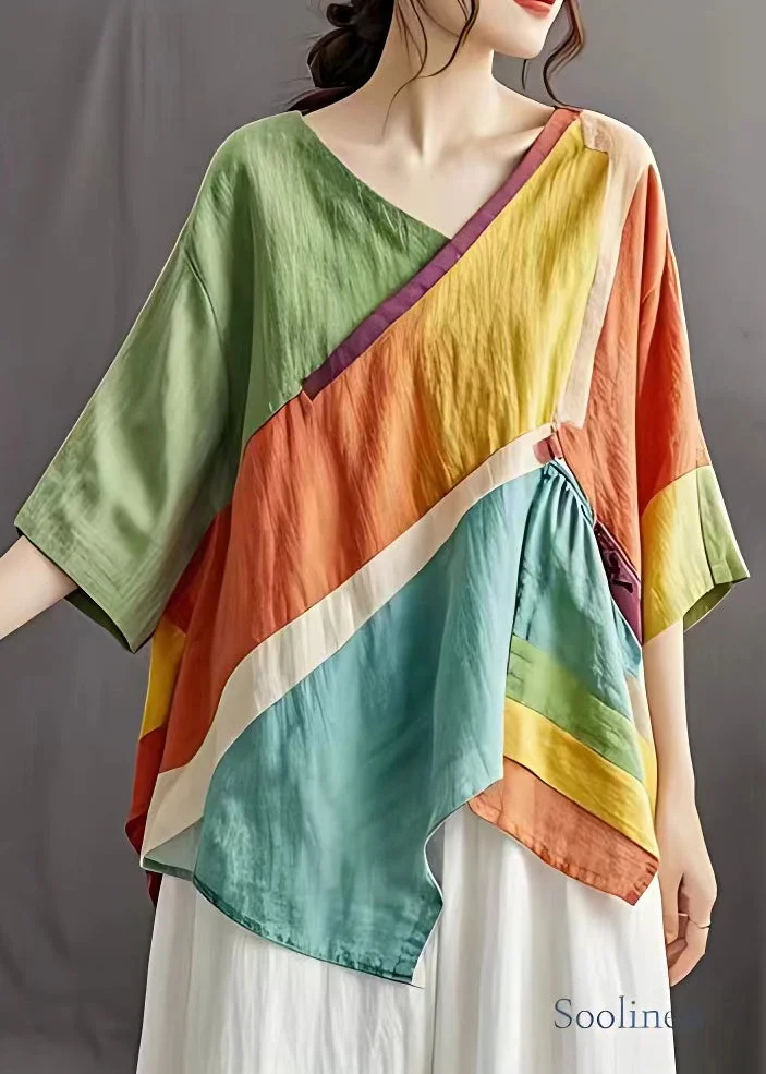 Pre sale - shipping in 30 days/Elegant Colorblock V Neck Asymmetrical Wrinkled Top Summer