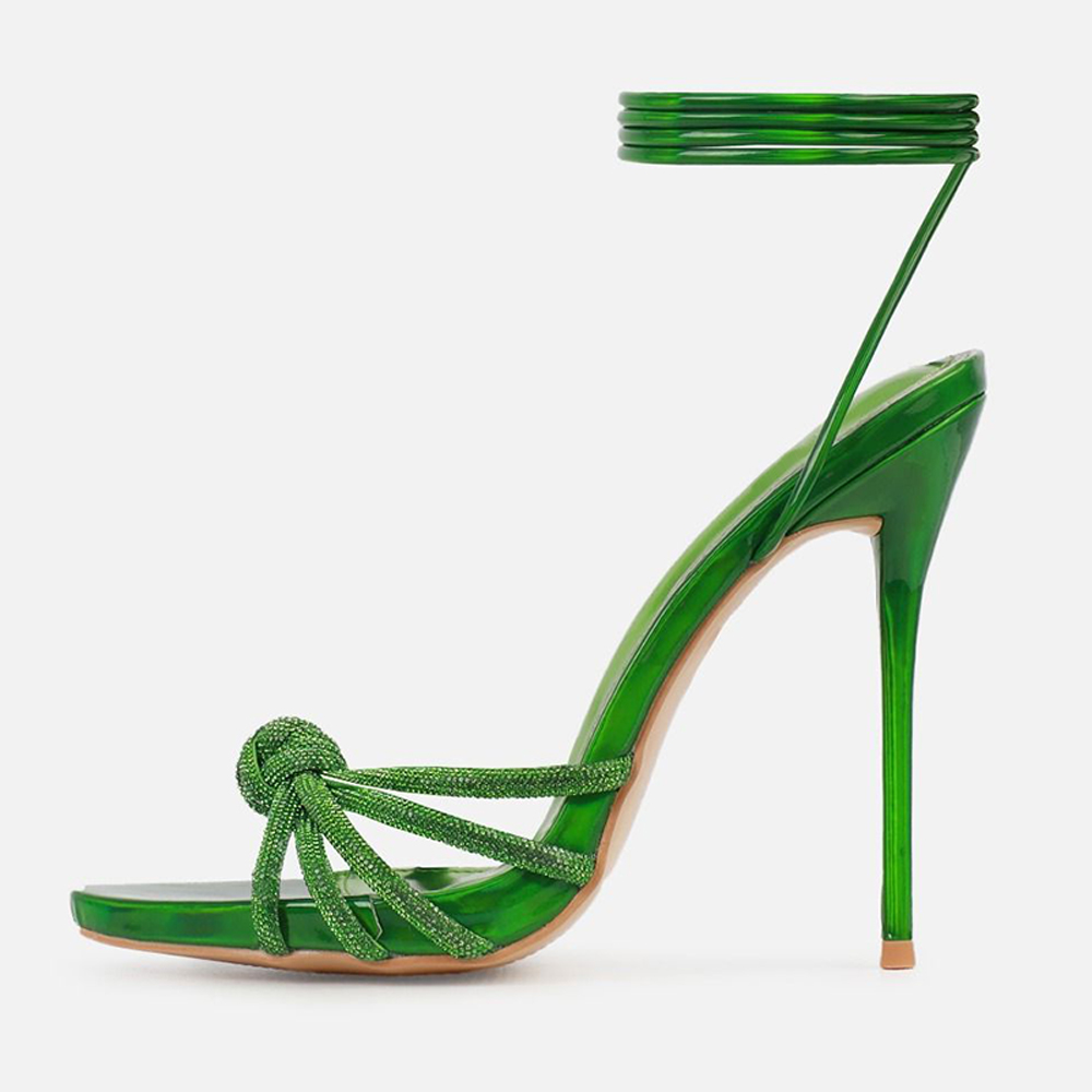 Green Open Toe Stiletto Heel Rhinestone Lace Up Sandals with Knot Nicepairs