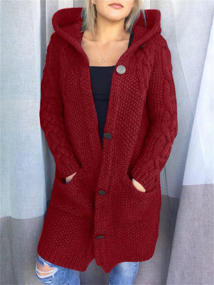 Women's Warm Button Up Hooded Long Sweater Cardigan