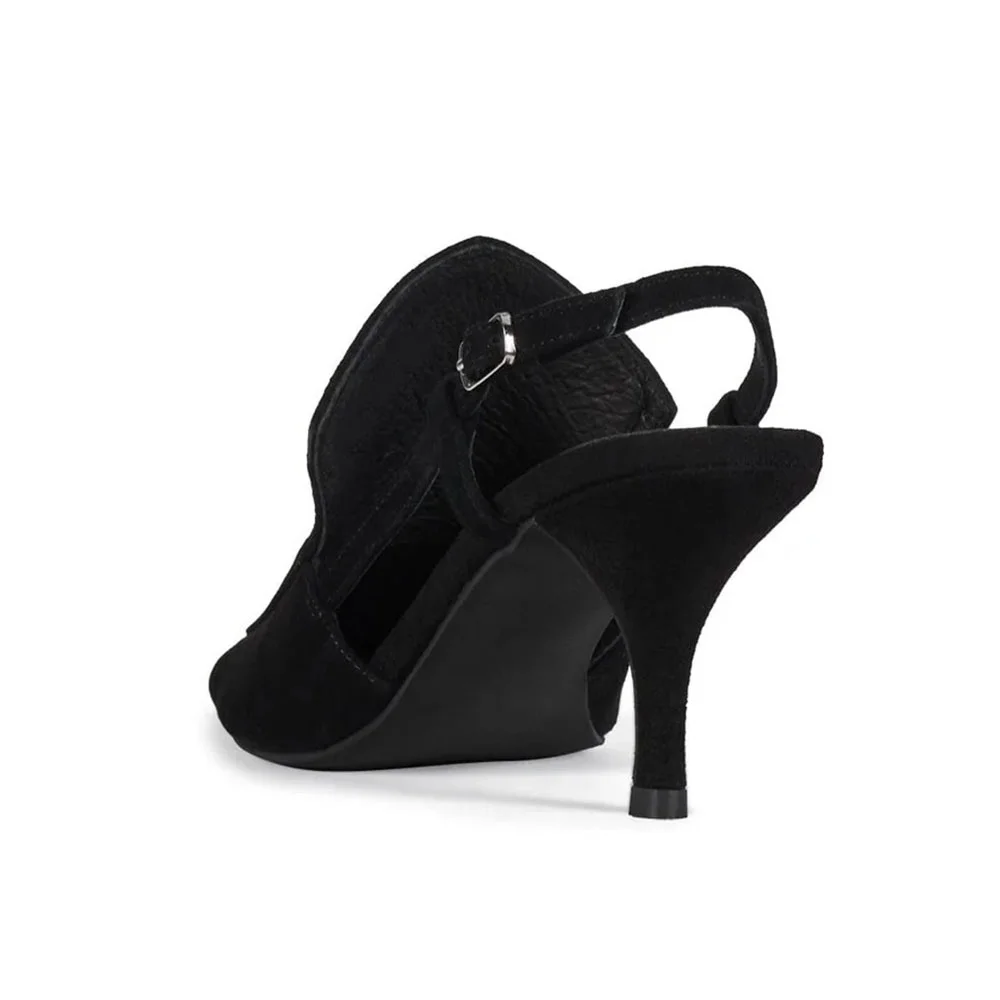 Ladies' Vegan Suede Pointed Toe Casual Black Slingback Heels