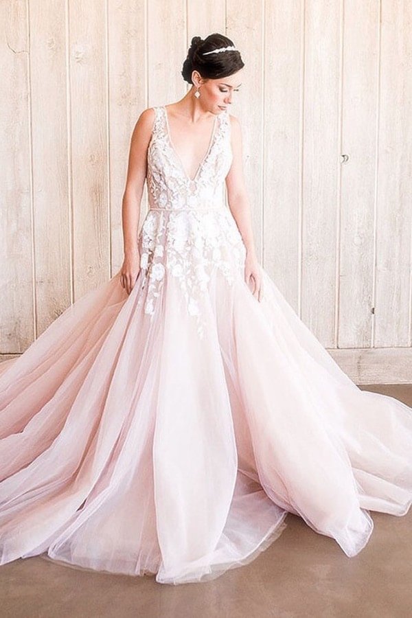 Chic A-line Wide Straps Tulle Deep V-neck Wedding Dress With Open Back Appliques Lace | Ballbellas Ballbellas