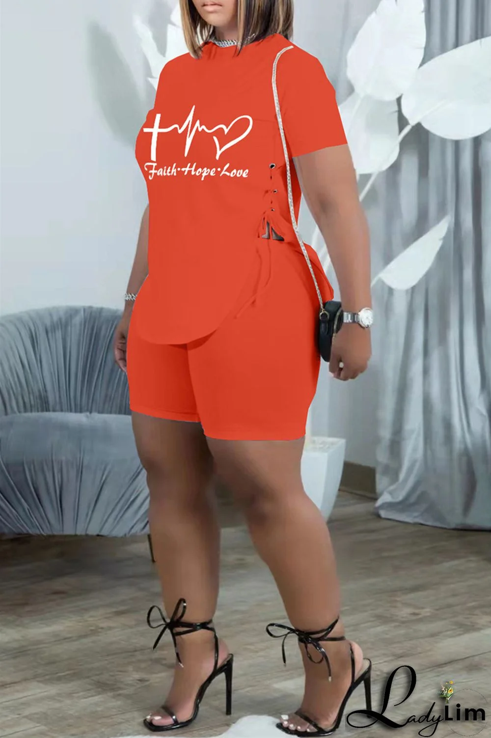 Khaki Fashion Casual Print Bandage Slit O Neck Short Sleeve Two Pieces