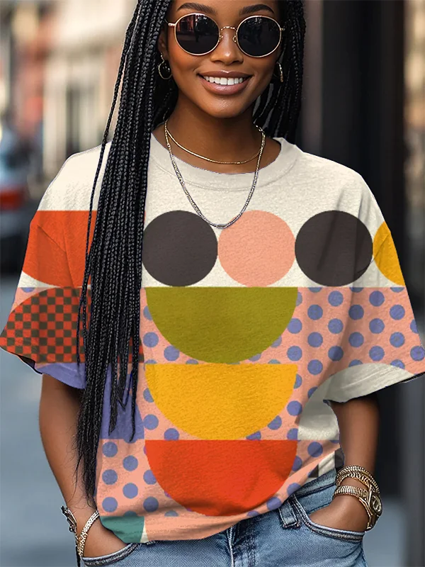 Women's Multicolor Colorblock Polka Dot Modern Art Print Casual T-Shirt