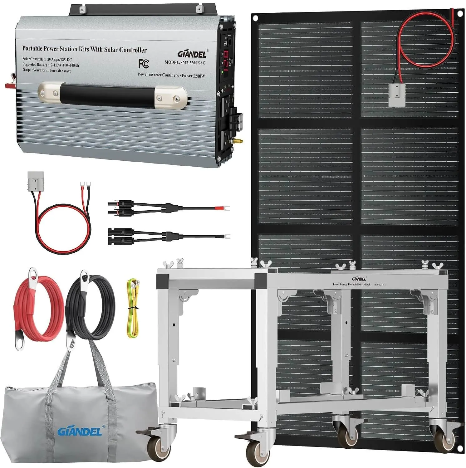 All-in-One DIY Solar Solution Kit Includes 200 Watt Solar Panel Foldable,2200 Watt Solar Inverter with 20A PWM Solar Charge Controller,Rolling Adjustable Battery Storage Rack