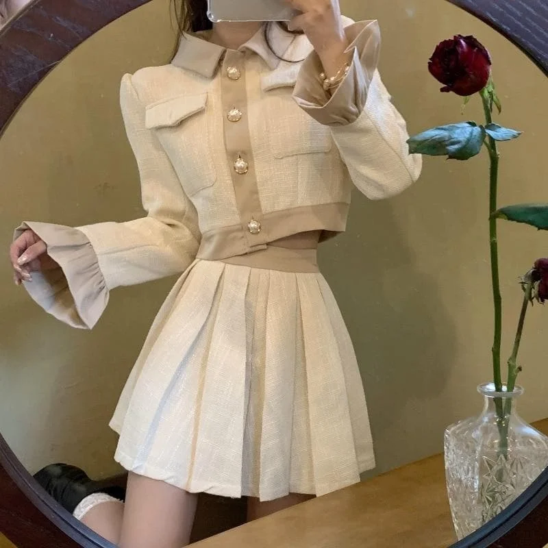 Retro  Ruffle Sleeve Short Jacket+Pleated Skirt SP15748