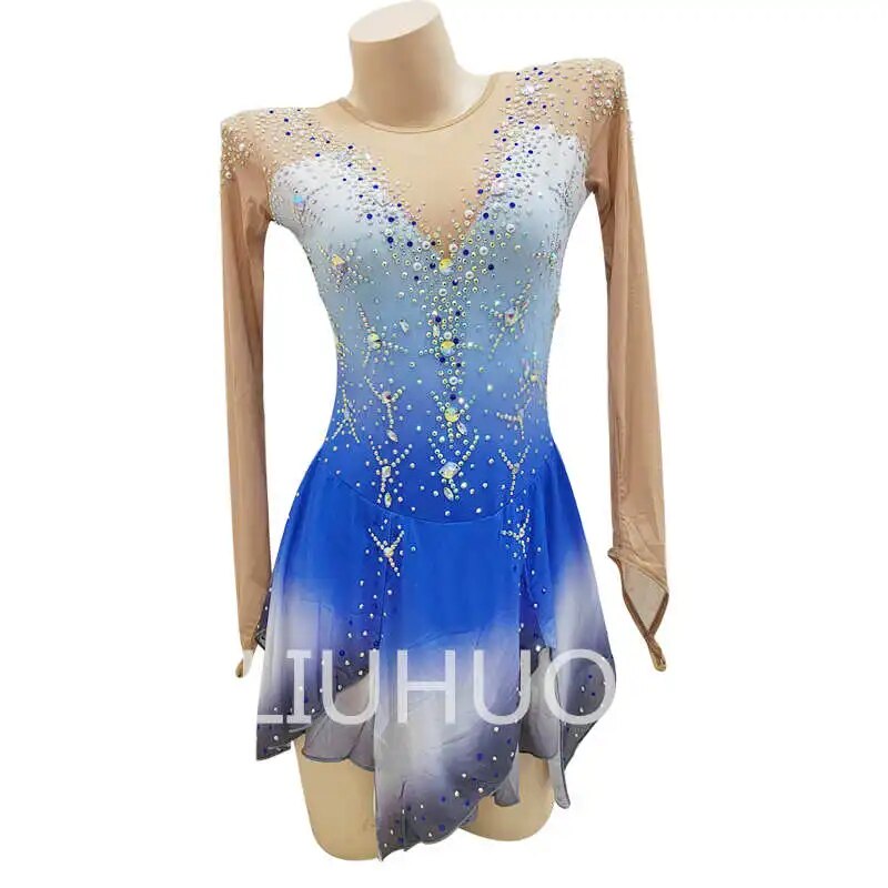 Blue Gradient Figure Skating Dress Girls Women Practice Long Sleeve Ice Skating Skirt Performance Wear