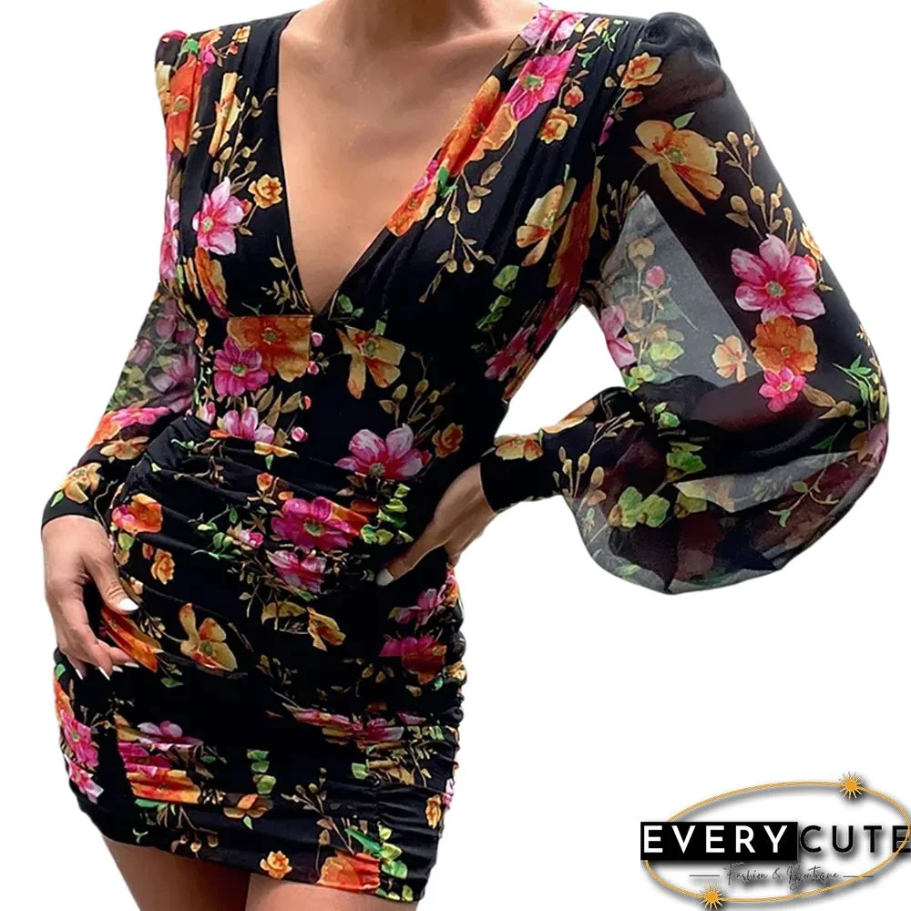 Black Floral Print Ruched Bodycon Dress