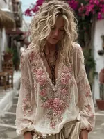 Women's Vintage Pink Floral Art Pattern V-neck Long Sleeve Blouse