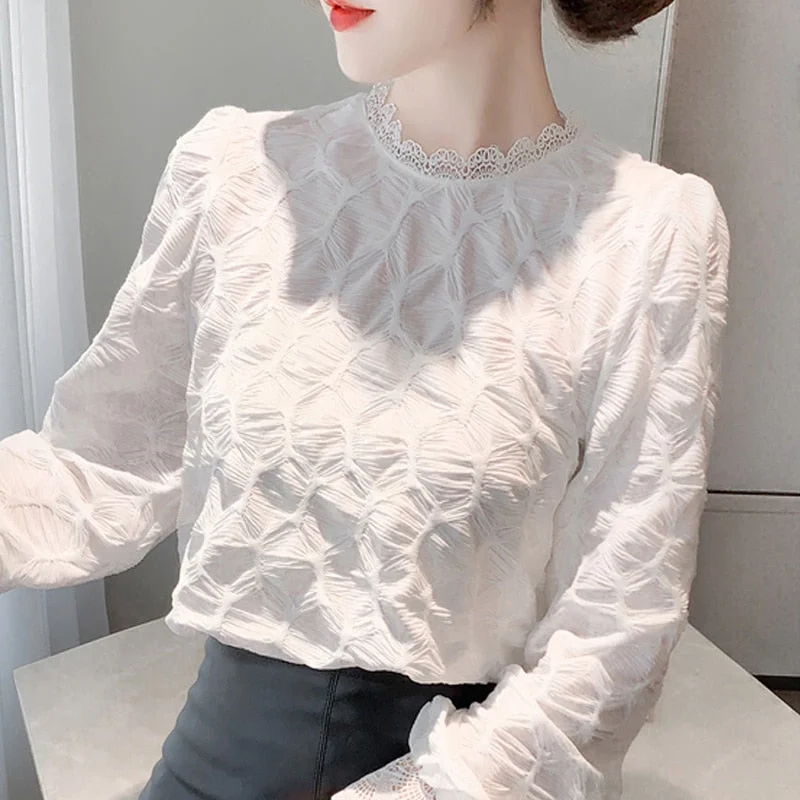 Long Sleeve White Blouse Women Tops Chiffon Blouse Shirt Blouse Women Blusas Mujer De Moda 2021 Stand Collar Blouse Blusa E344