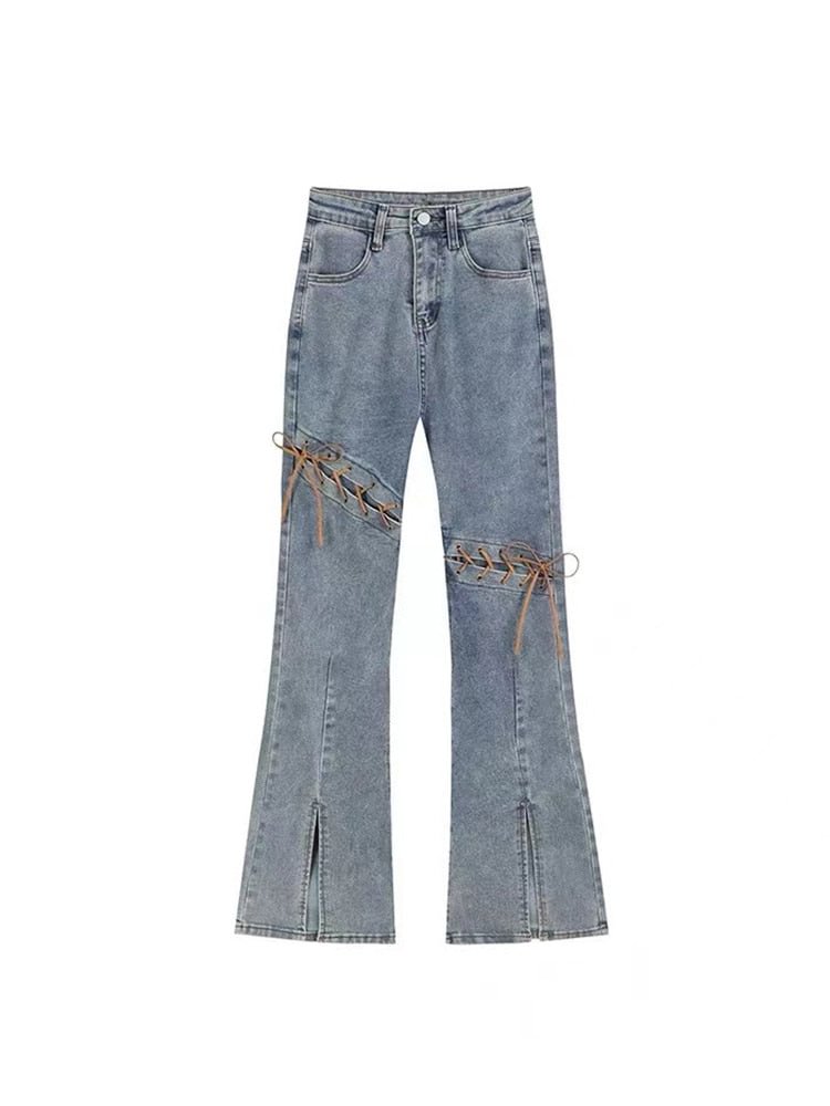 2022 Y2k Gothic Punk Harajuku High Waist Slim Denim Long Trouser Women Slit Ripped Jeans Design Flared Pants Ins Streetwear New