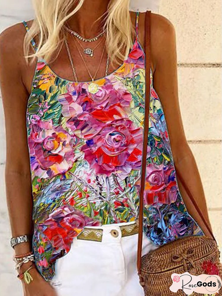 Fit Spaghetti Cotton-Blend Printed Tanks & Camis