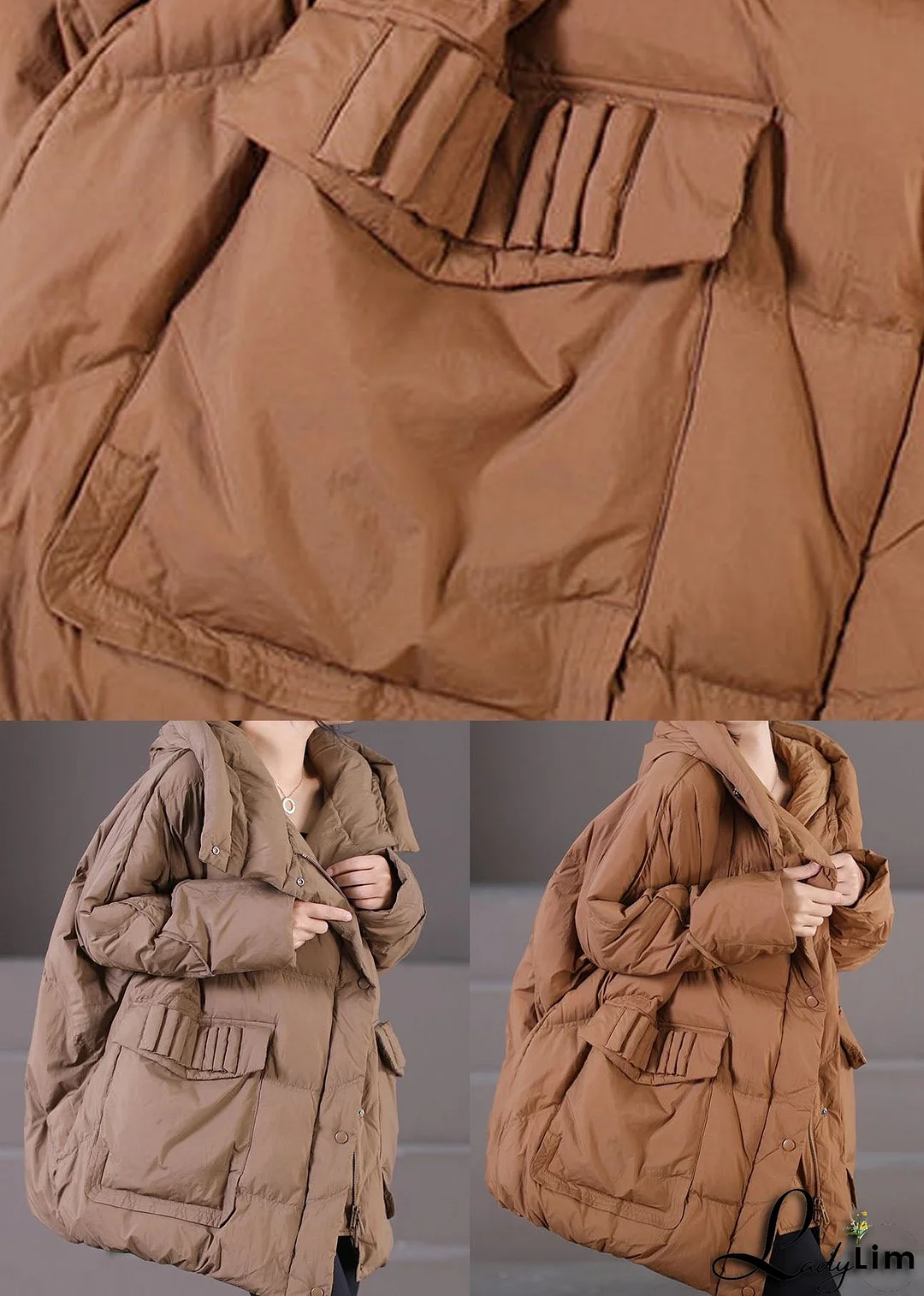 Caramel Warm Duck Down Puffer Jacket Hooded Oversized Winter