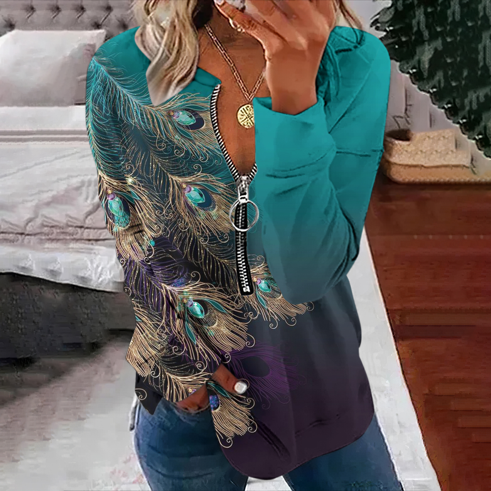  Women's Western Peacock Feathers Printed Zipper Casual Sweatshirt Westsshops