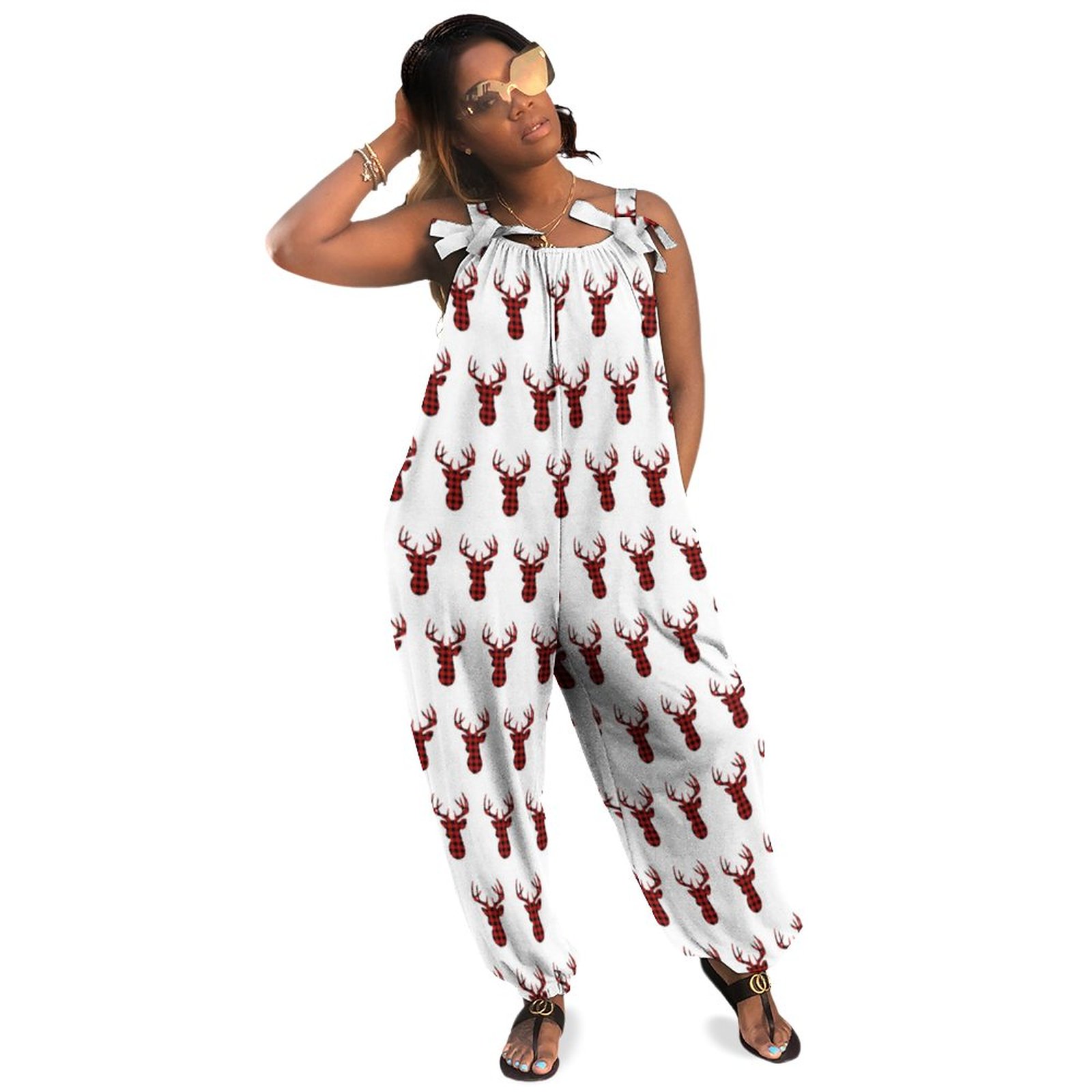 Plus Size Women Rompers Summer Casual Loose Trendy Plaid Deer Christmas White Tube Romper Shirt Jumpsuit Coveralls Boho Pockets