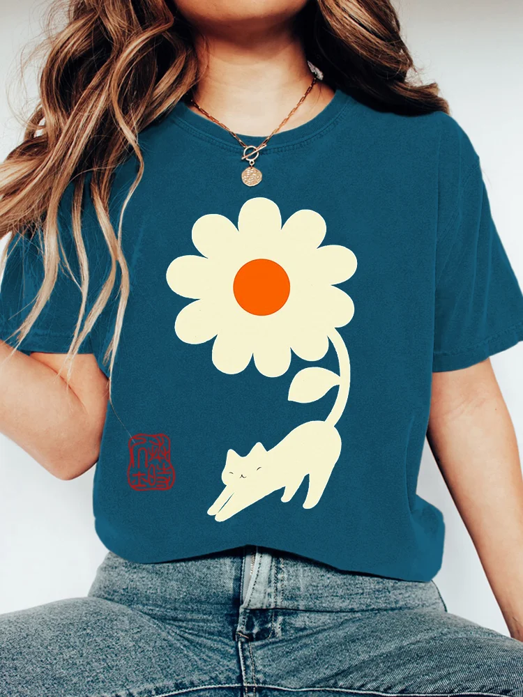 Flower & Cat Print Short Sleeve T-Shirt