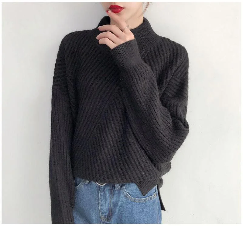 Christmas Gift New Autumn Winter Thick Pullover Sweater Women Half High Neck Sweater Loose Solid Diagonal Stripe Basic Knit Jumpers Top