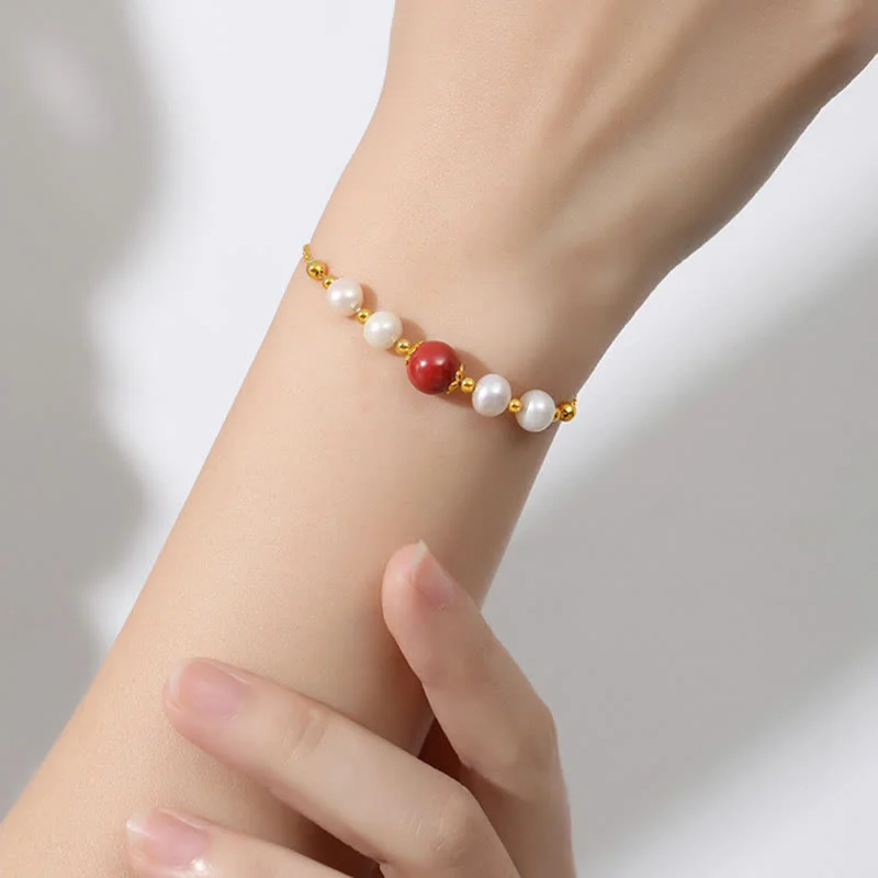 925 Sterling Silver Pearl Cinnabar Healing Bead Chain Bracelet