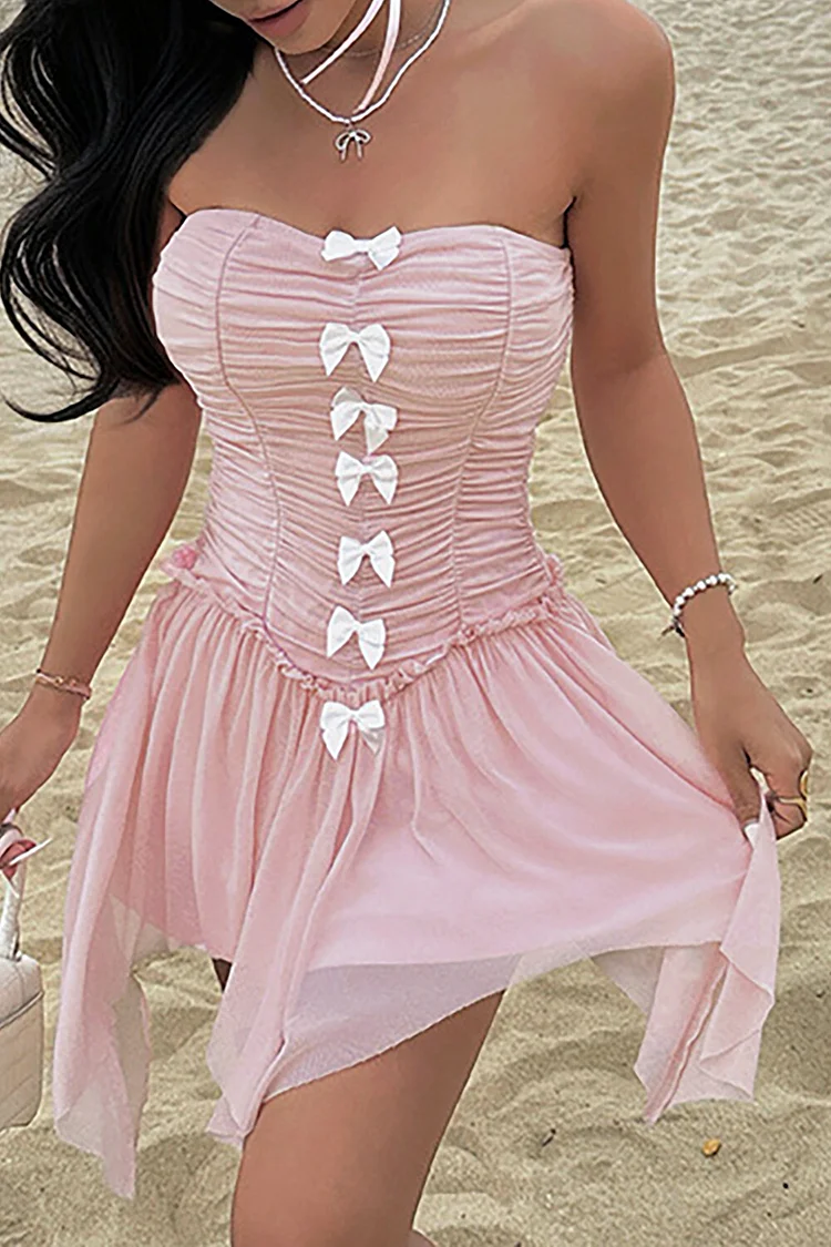 Bow Decor Strapless Ruched Cinch Waist Irregular Hem Mini Dresses-Pink