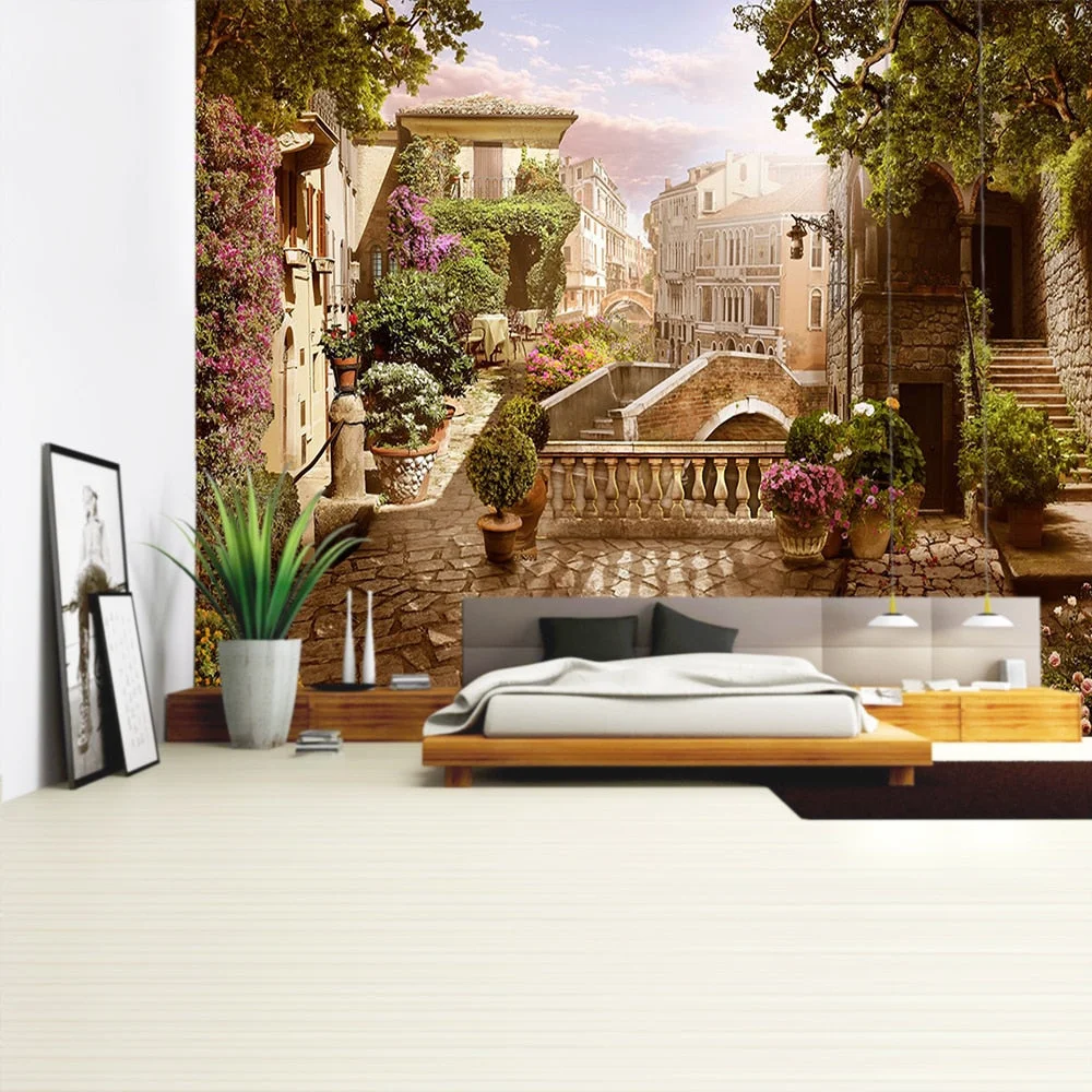 Balcony City Castle Hill Green Plant Landscape Printing Tapestry Cheap Hippie Wall Hanging Bohemian Wall Tapestries