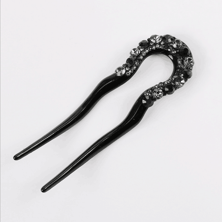 U-shape Crystal Rhinestone Double Prong Hair Pin Stick
