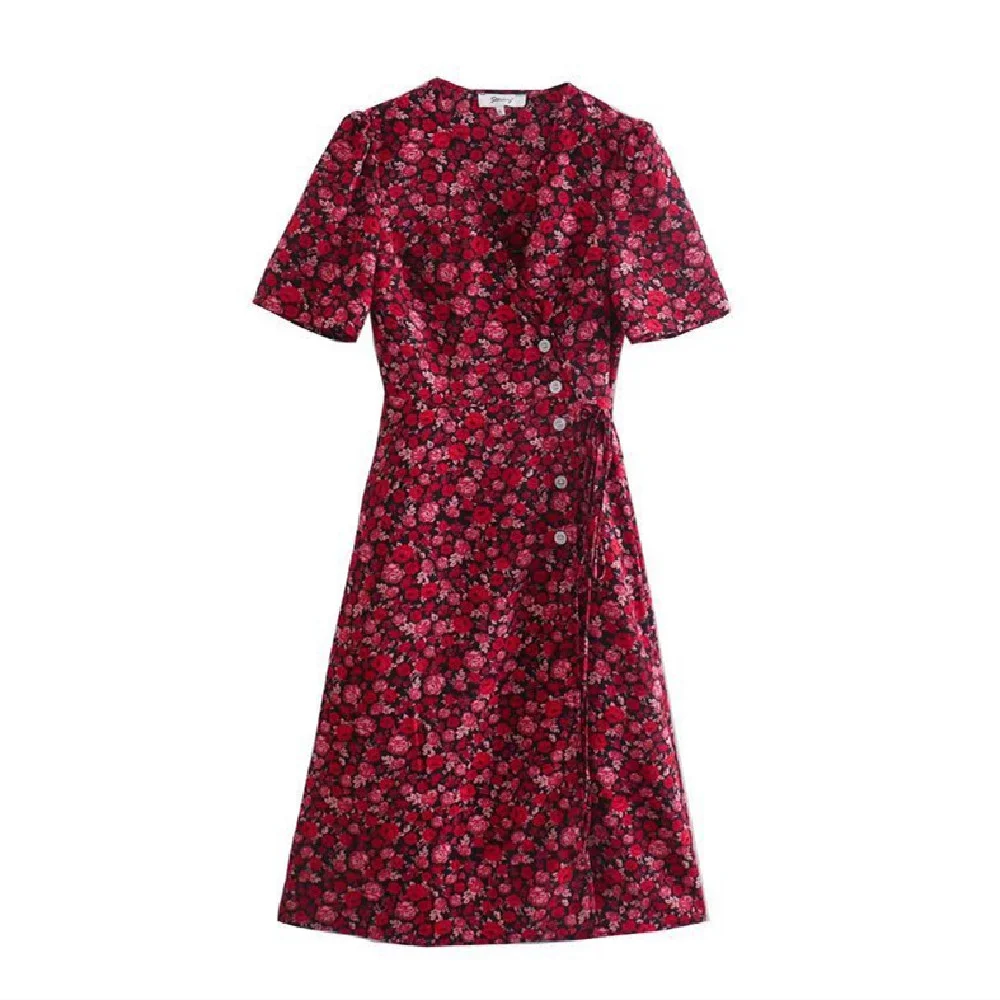 Nncharge French Style A-line Elegant Ladies Dress Summer Women Red Floral Print Wrap Robe Vintage Short Sleeve