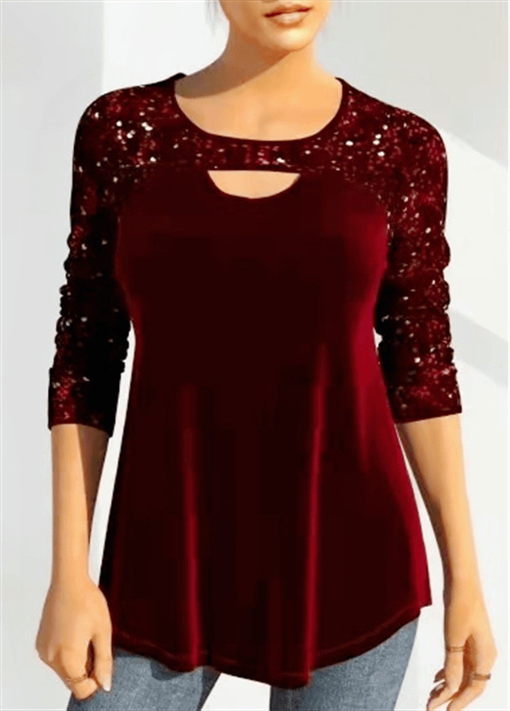 Women's Christmas Burgundy Velvet Panel Sequin Sweatshirt