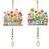 2Pcs Diamond Painting Acrylic Double Sided Potted Plants Wind Chime Suncatcher with Crystal Hanging Pendant