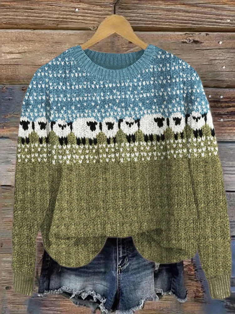 VChics Grassland Sheep Contrast Color Cozy Knit Sweater