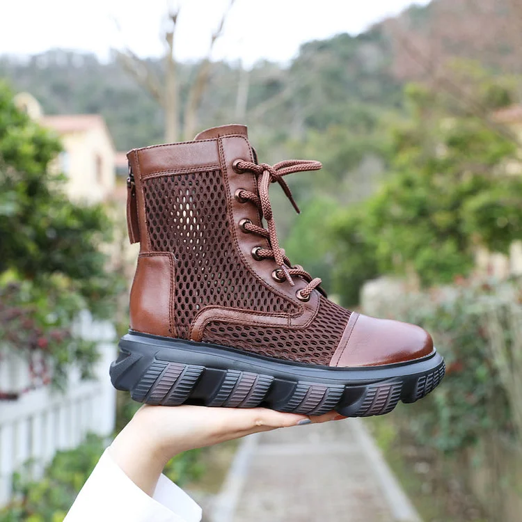Women Summer Hollow Mesh Leather Retro Casual Boots