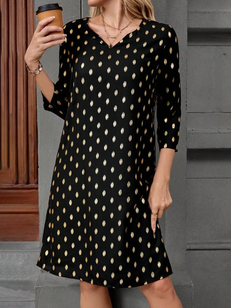 Women's Spring & Summer V-Neck 3/4 Sleeve Golden Dot Print Straight Dress