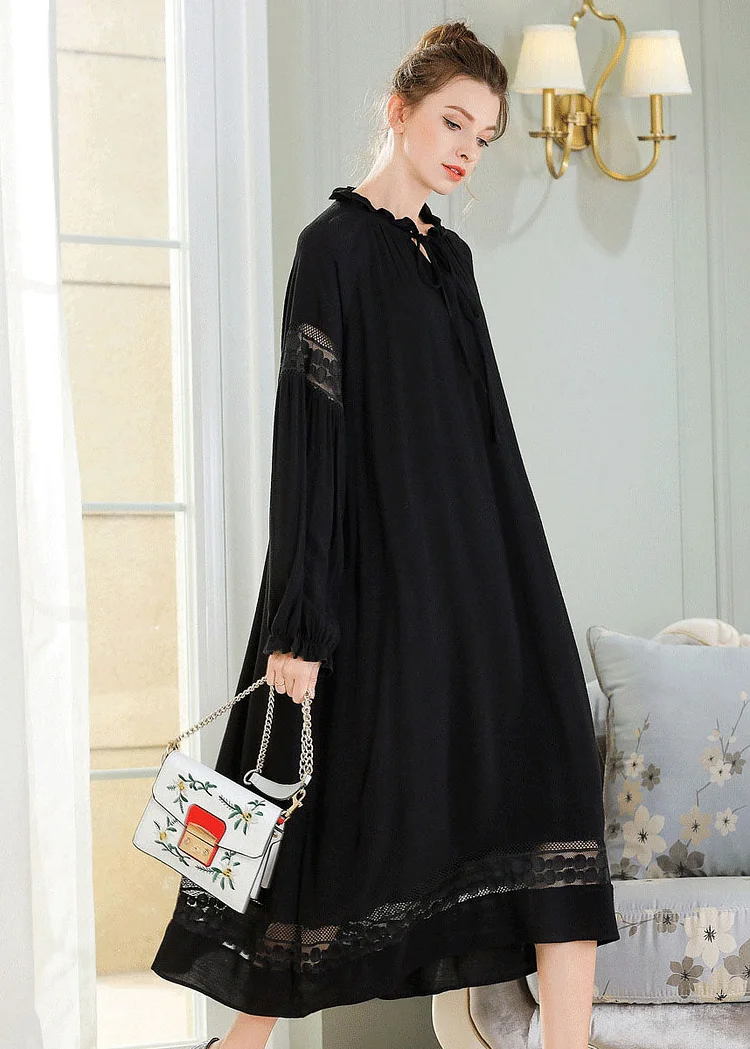 French Black Ruffled Lace Patchwork Cotton Maxi Dress Spring