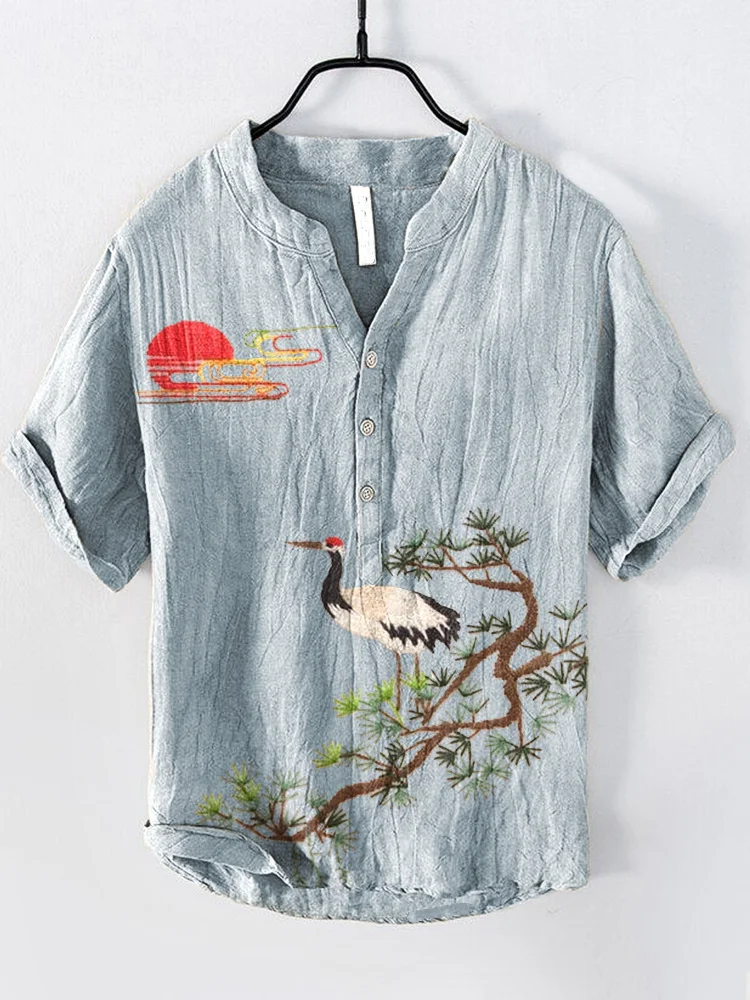 Pine Trees Sunrise Landscape Embroidery Pattern Linen Shirt