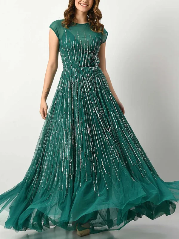 Round Neck Sequined Solid Color Maxi Dress