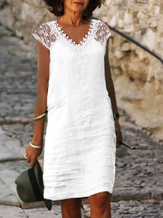 Women's Lace Mesh Embroidered Lace Vacation Cotton Linen V Neck Dress