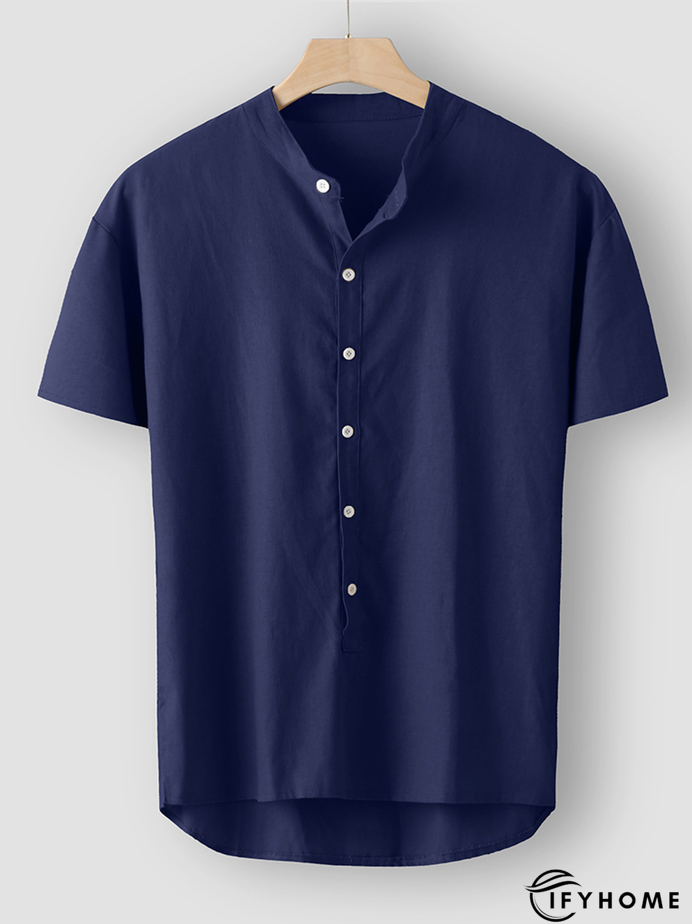 Men's Cotton Linen Style Half Placket Stand Collar Short Sleeve Shirt | IFYHOME