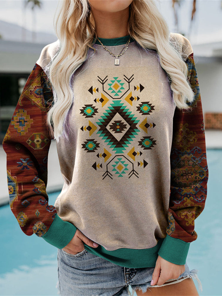 Women Long Sleeve V-neck Graphic Floral Printed Top