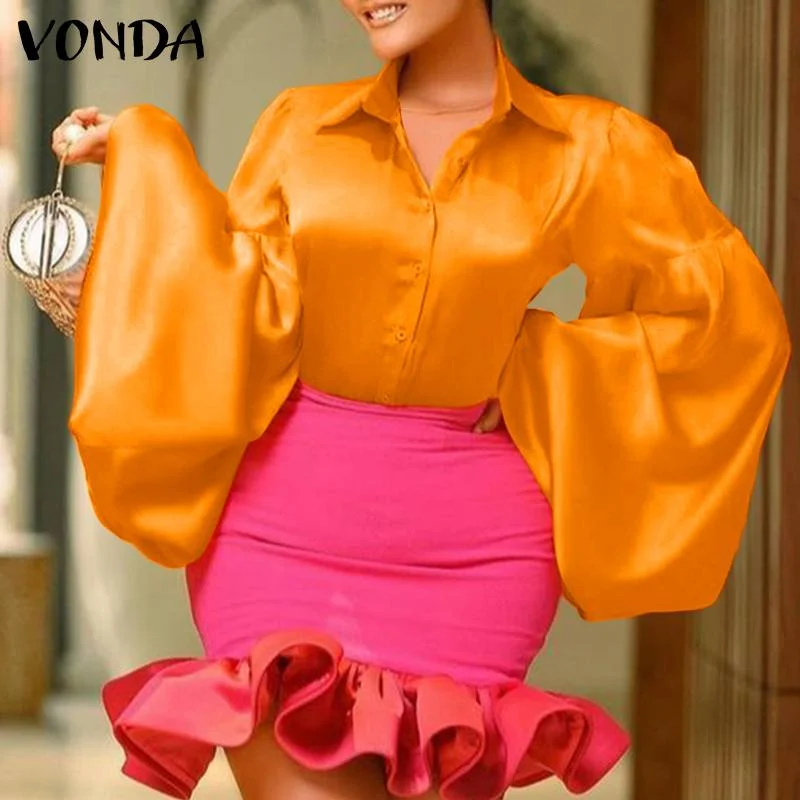 VONDA 2022 Ladies Office Blouse Elegant Puff Sleeve Blouse Spring Autumn Tops Blusas Femininas Casual Lapel Collar Shirts Femme