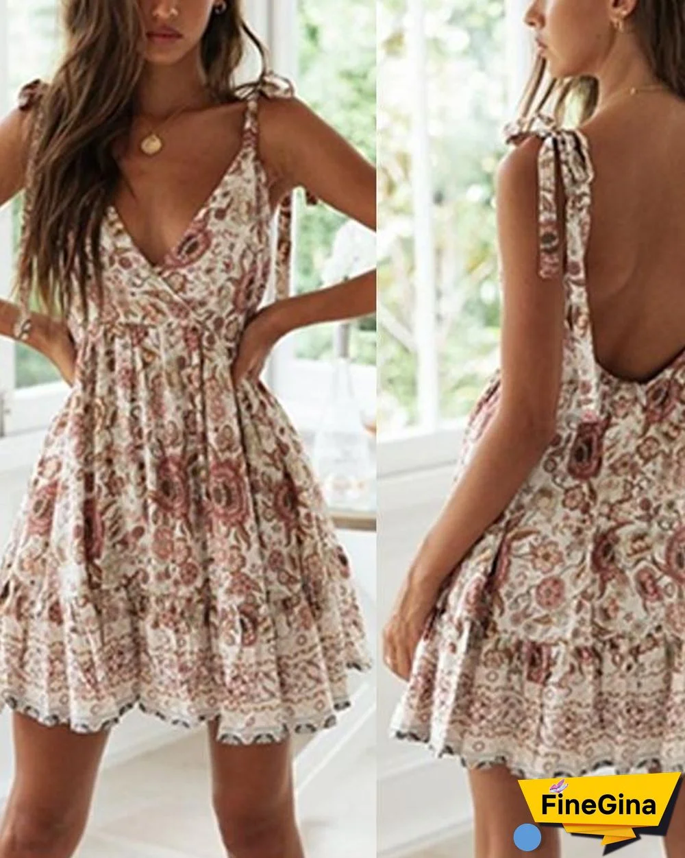 Sexy Lace-up Strap Deep-V Backless Holiday Print Dress