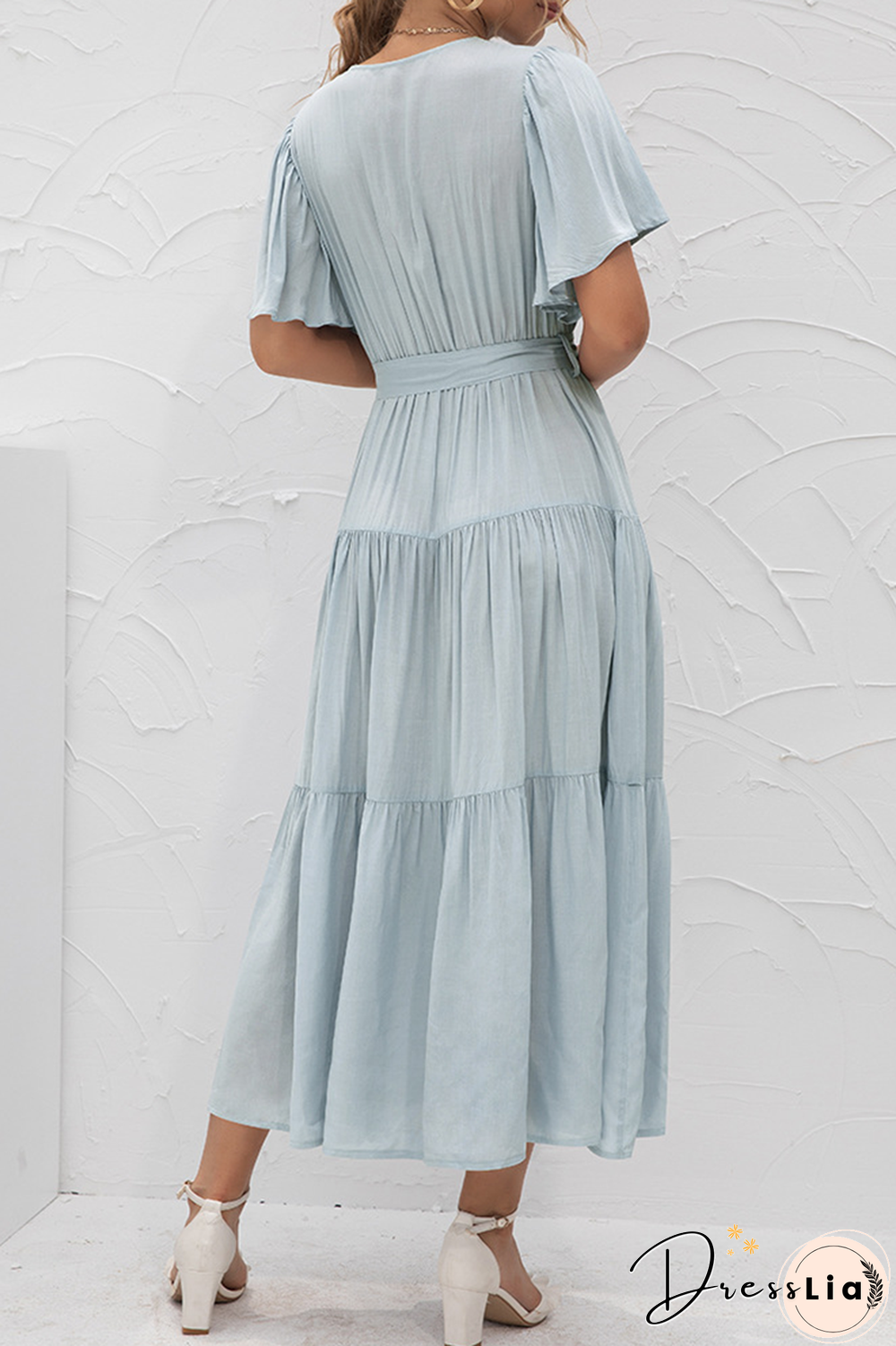 Elegant Solid Split Joint With Belt V Neck Cake Skirt Dresses(4 Colors)