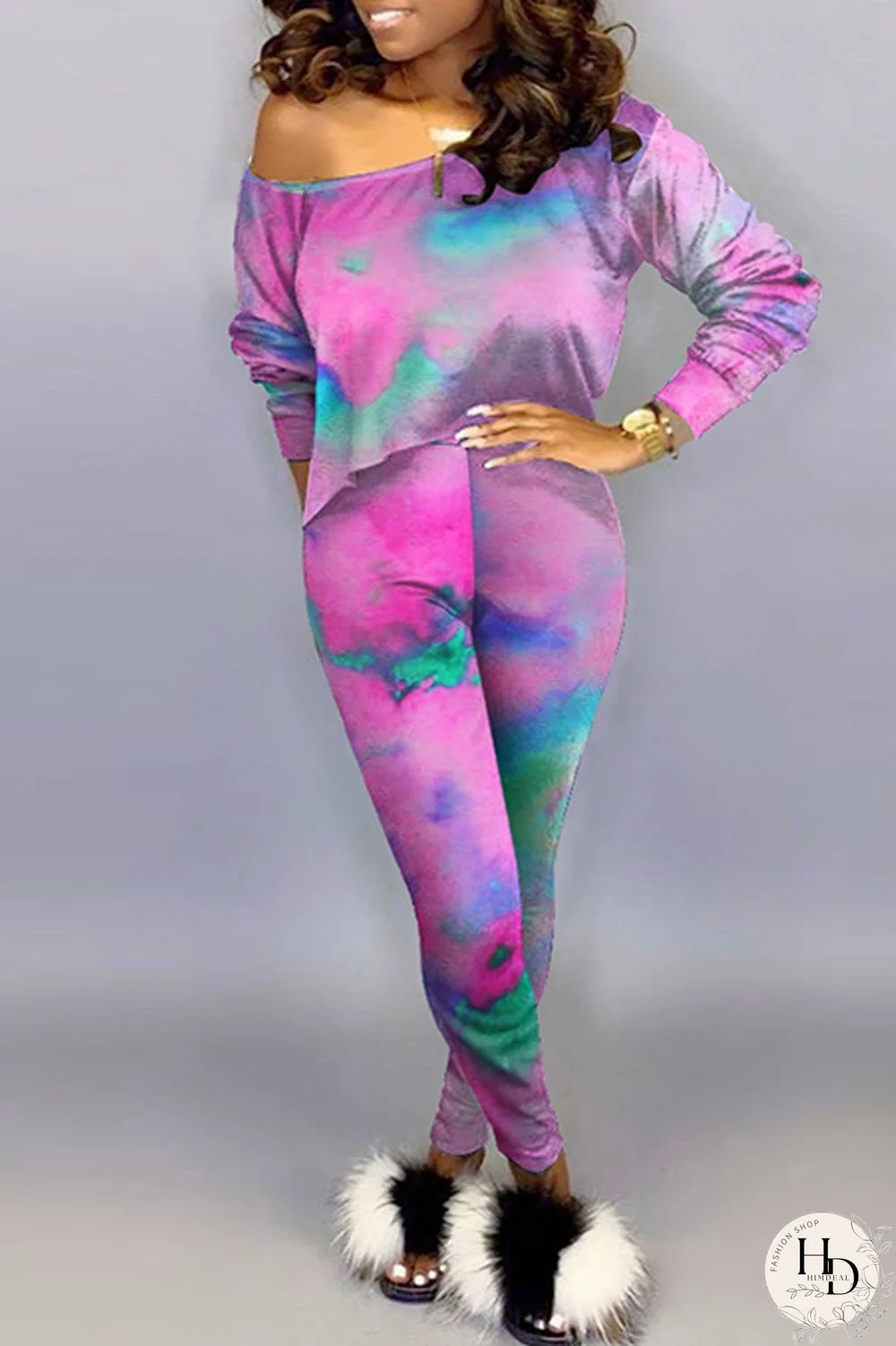 Green Fashion Casual Print Tie-dye Oblique Collar Long Sleeve Two Pieces