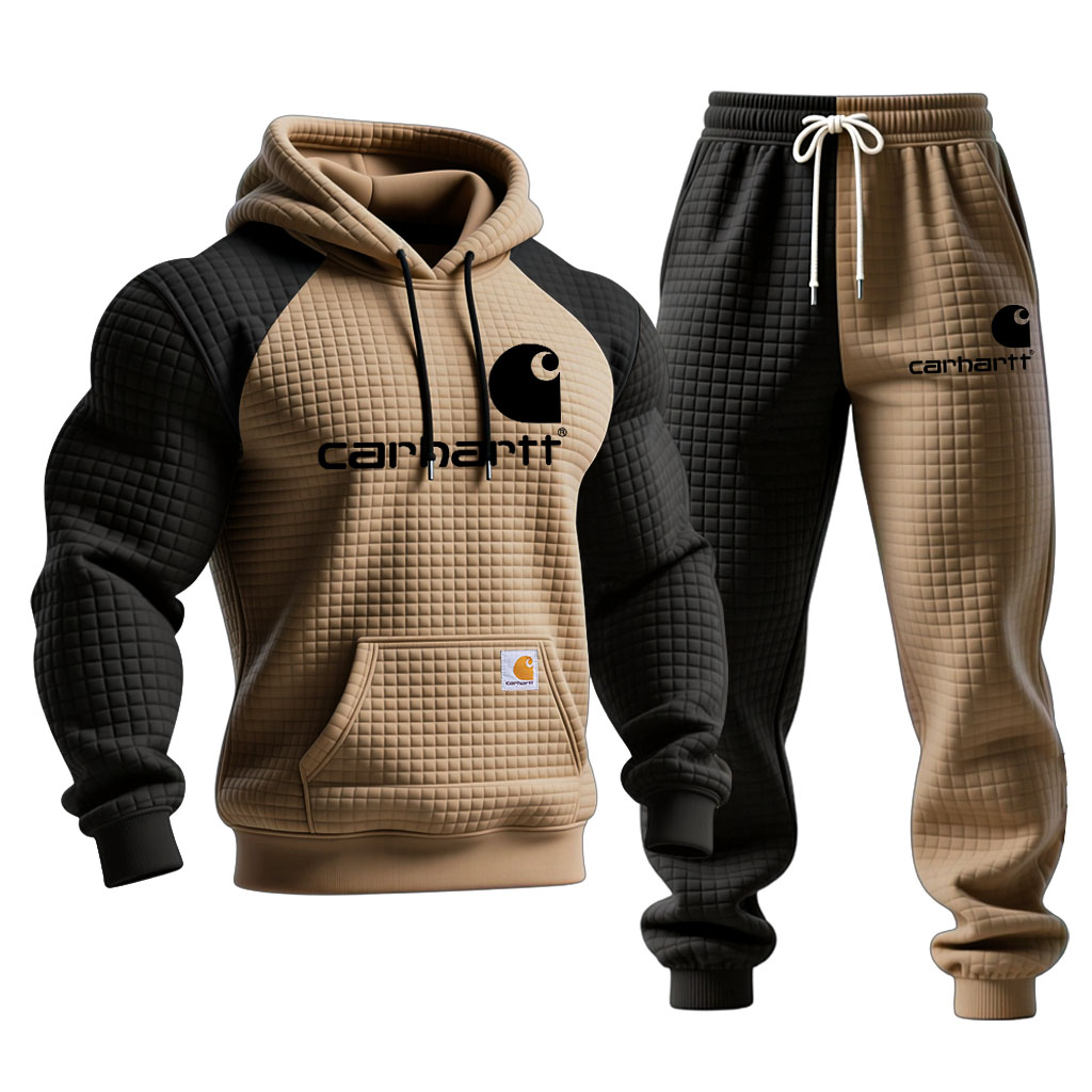 Men's Vintage Black Khaki Waffle Quilted Plaid Pocket Hoodie And Sweatpants Jogger Set