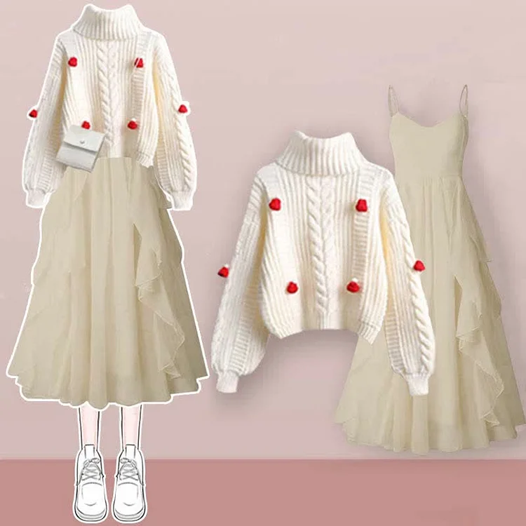 Turtleneck Cable Sweater Flouncing Slip Dress Two Pieces Set - Modakawa modakawa