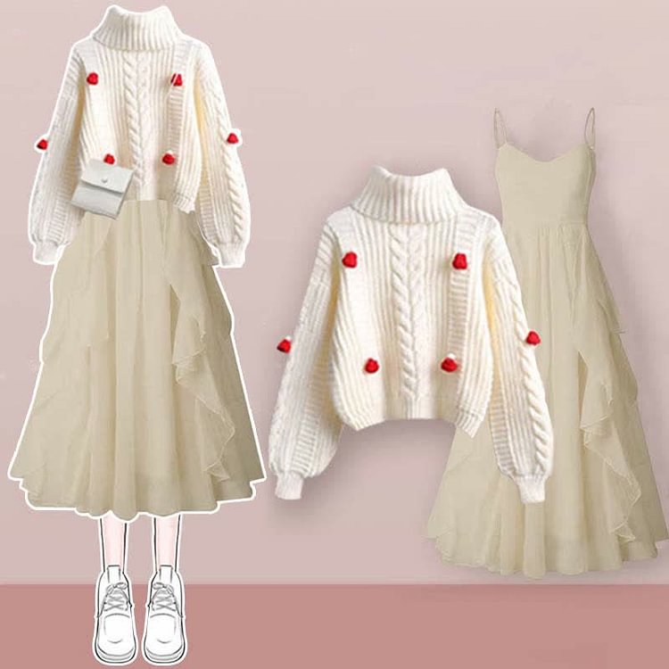 Turtleneck Cable Sweater Flouncing Slip Dress Two Pieces Set - Modakawa modakawa