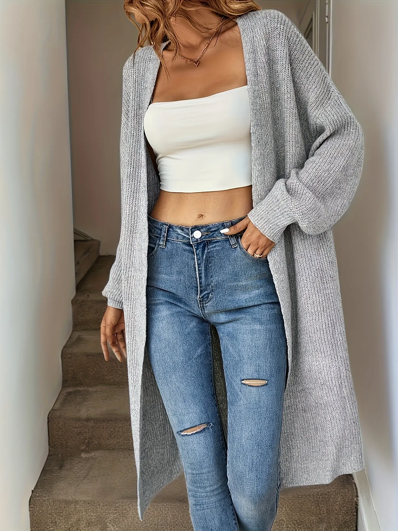 Women Long Open Front Knit Cardigan
