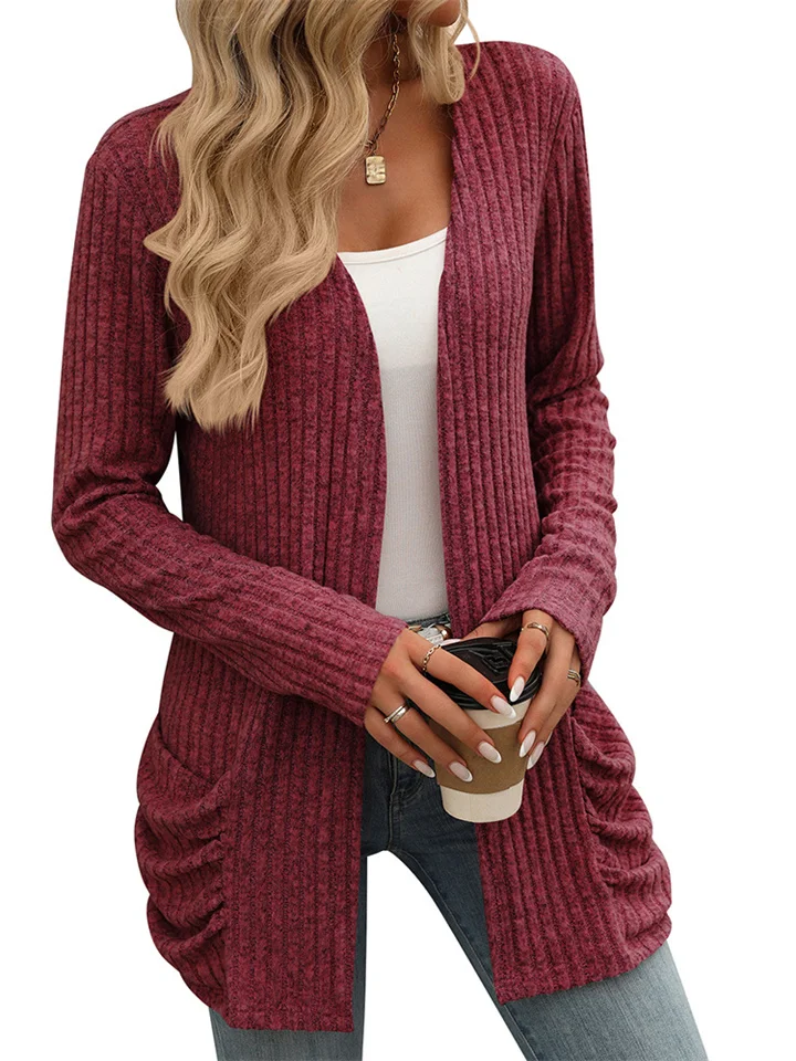 Women's Autumn and Winter New Solid Color Pit Stripes Milled Cardigan Long-sleeved Jacket-JRSEE