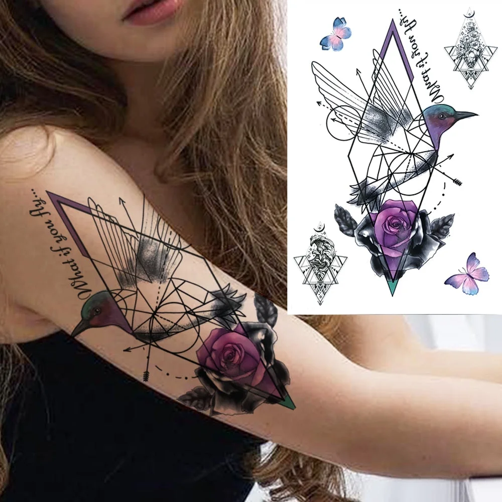 Watercolor Feather Bird Temporary Tattoos For Women Girls Clever Owl Hummingbirds Flower Tattoo Sticker Fake Tatoos Geometric